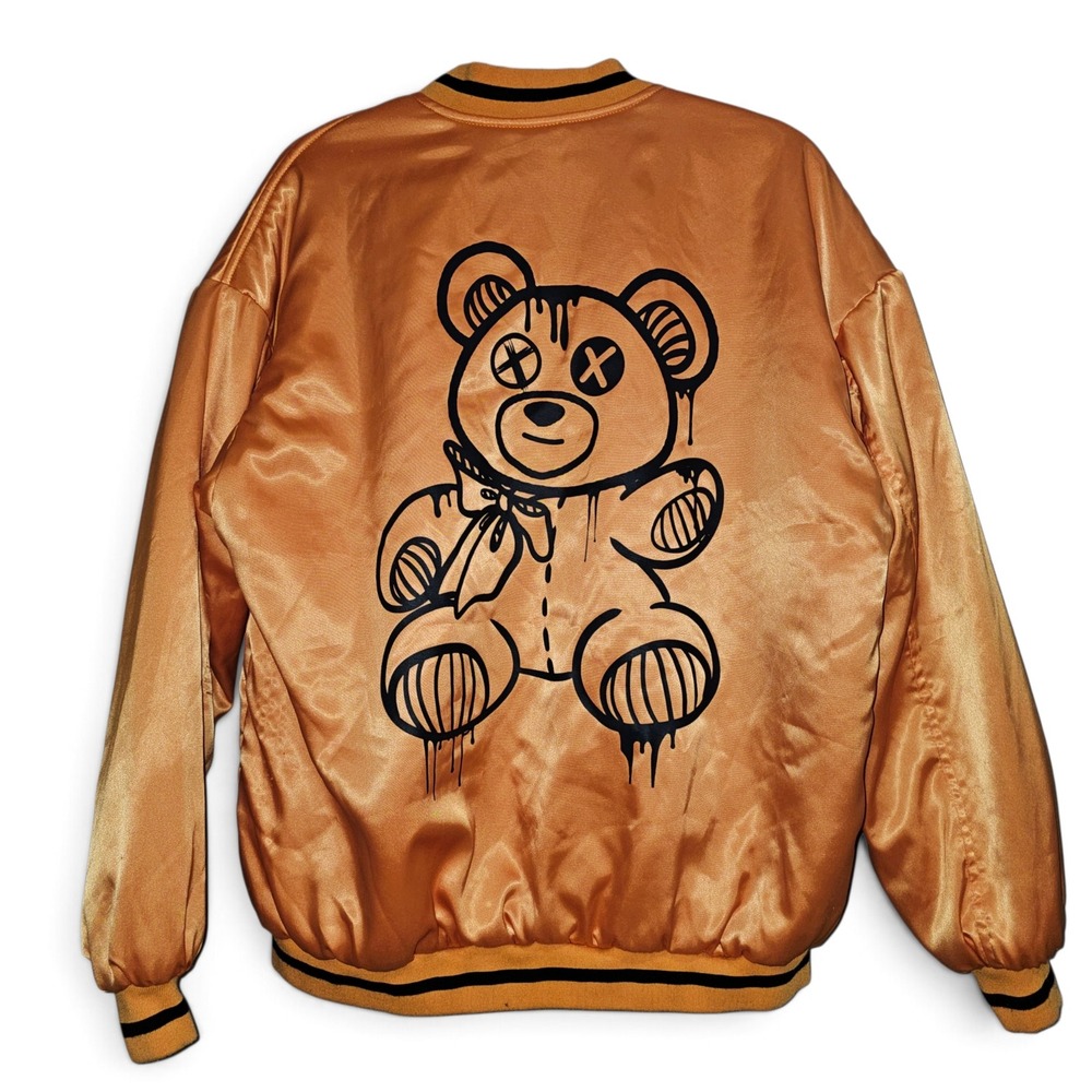 Birch‎ and Stone Bomber Jacket Mens Medium Orange Good Satin Teddy Bear Graphic